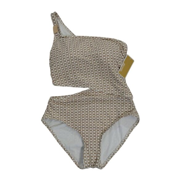Michael Kors Chain Print One-Shoulder Cutout Swimsuit Size 10 Beige/White. - Picture 1 of 7